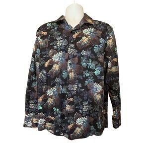 KOLTE Floral Shirt Blue White Tan  Long SleeveButton Up Men Size XL 17.5"